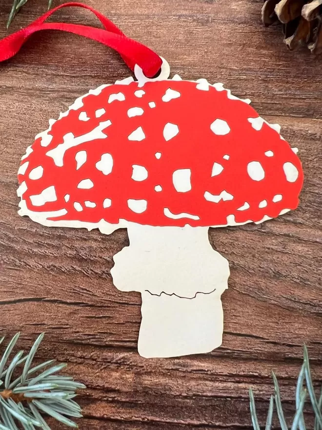 Christmas Mushroom Ornament with bright red satin ribbon hanging loop