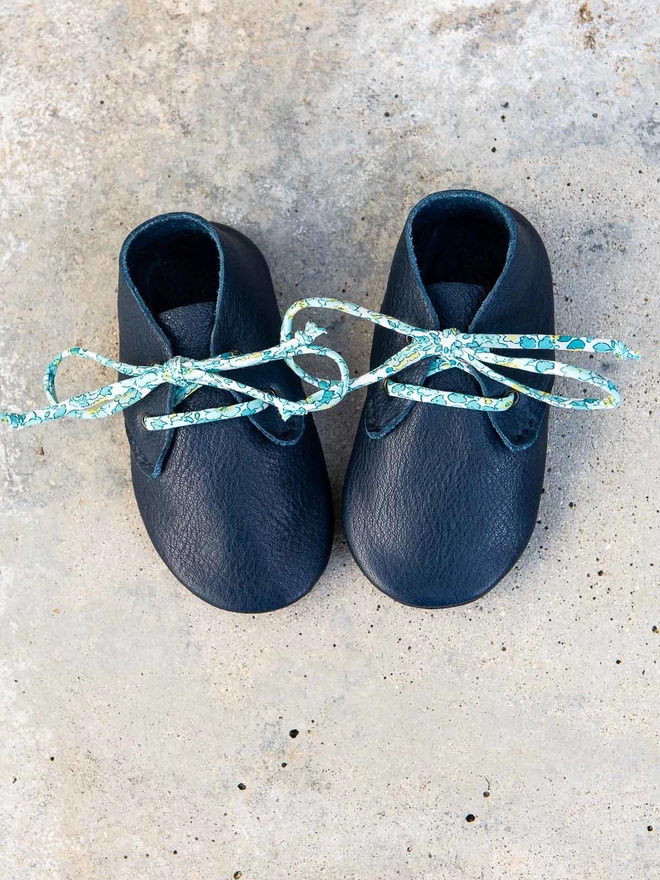 Ink Blue Leather Baby Shoes with Liberty Print Laces