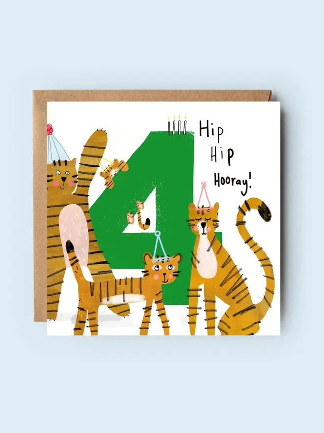 'hip hip hooray' illustrated 4th birthday card. card featuring a big green number 4 and illustrated tigers.