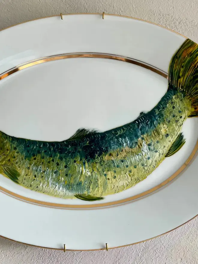Oil Painted Swimming Rainbow Trout On A vintage platter