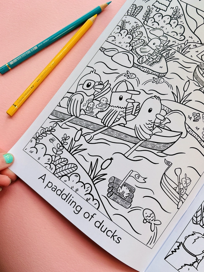 Page from colouring book reads “A paddling of ducks’ and an illustration of ducks in a canoe on a lake.