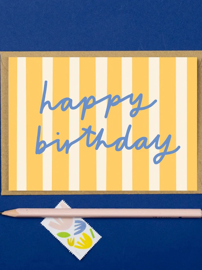 'Happy Birthday' Yellow Stripe Greeting Card