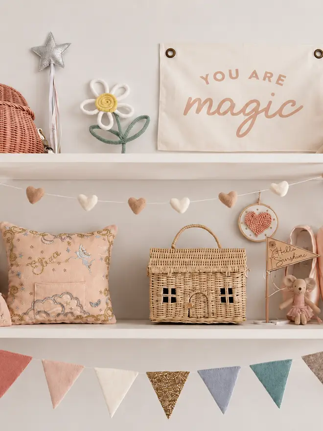 Girls Bedroom Shelfie Image with pink velvet tooth fairy pillow 
