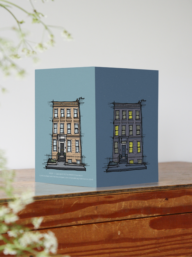 night and daytime vintage townhouse illustrated card