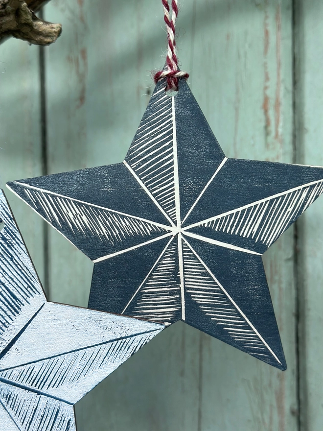 Nordic Christmas Star Wooden Decoration Hand Printed Linocut