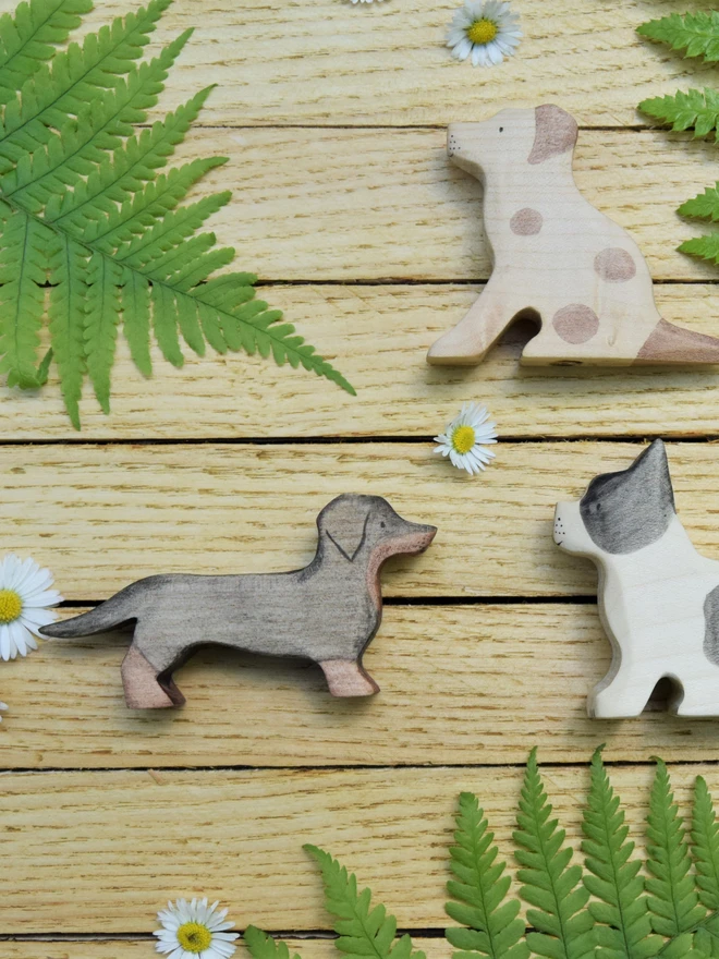  Handmade ecofriendly wooden toy figurines, dacshund sausage dog toy figures made by hand by Eric and Albert made in Wales, UK