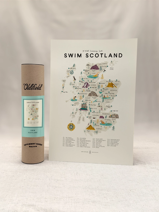 Swim Scotland Map Checklist with tube packaging