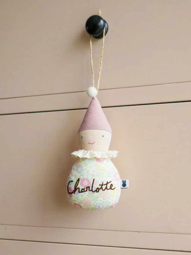 Easter egg hanging ornaments in florla cotton body, lace frill collar and linen pointy hat in pink 