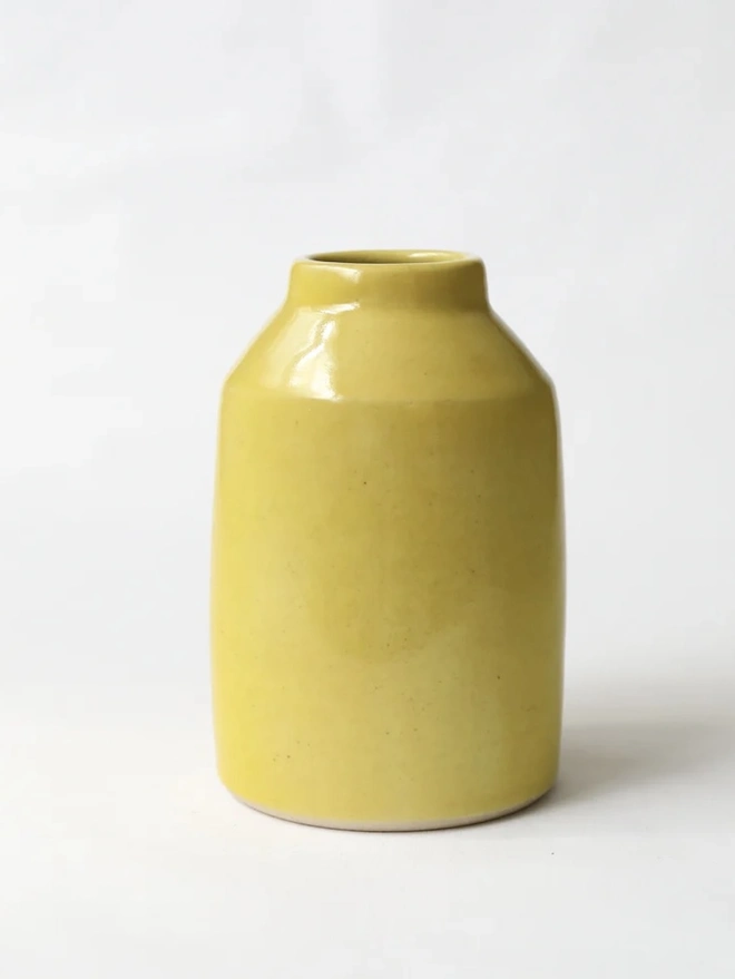 Classic Bud Vase, a colourful ceramic vase sitting on a plain surface against a white backdrop. 