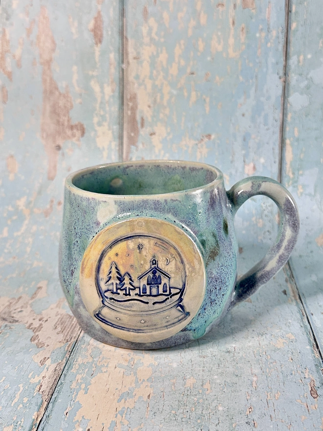 Green and Purple Christmas Snow Globe Mug