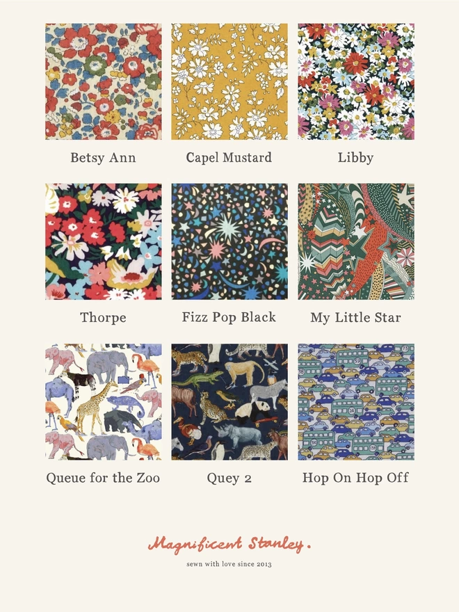 Liberty print swatches to choose from