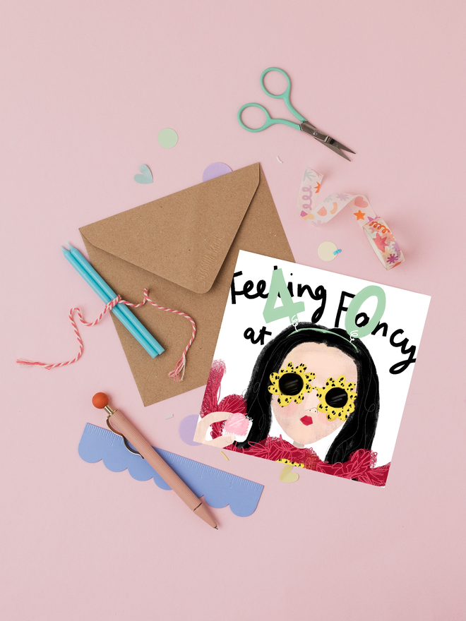 'feeling fancy at 40' illustrated birthday card. card featuring a woman in funky sunglasses.