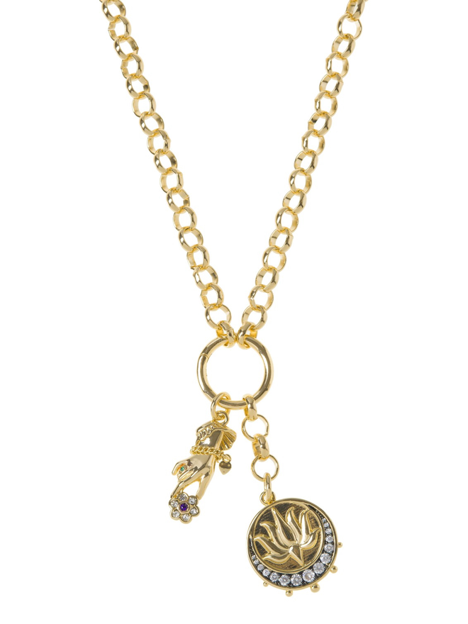 Gold belcher chain necklace with a gold charm holder and a gold and stone set lotus medallion and a gold hand charm against a white background