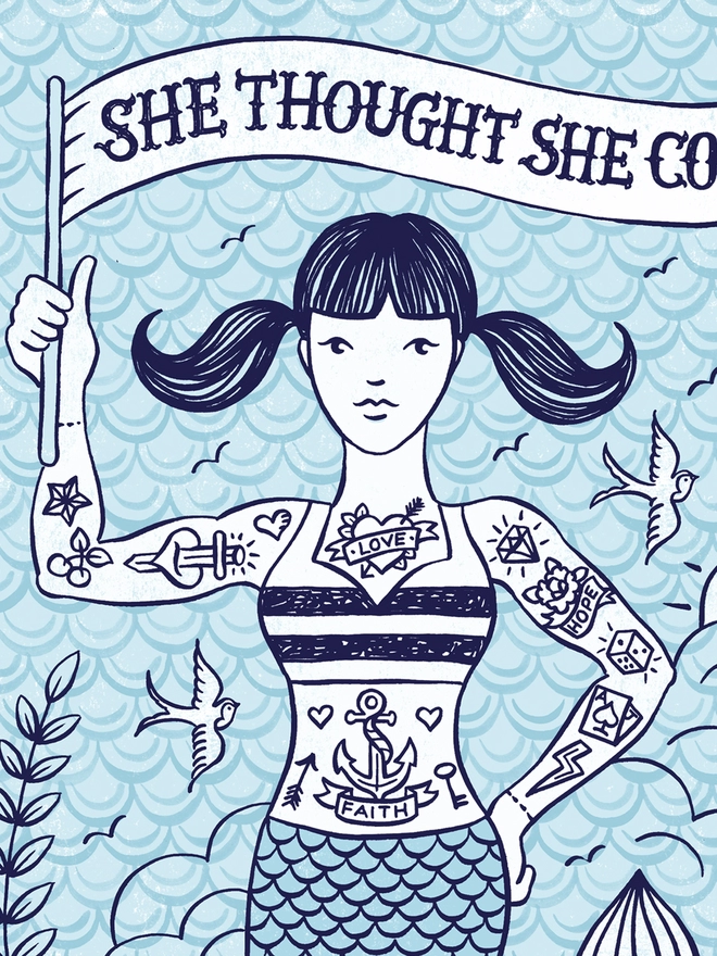 detail image of blue and white tattooed mermaid print