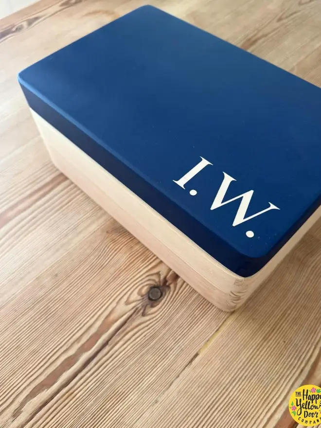 personalised hand-painted initials box. a wooden box with a painted blue lid and initials.