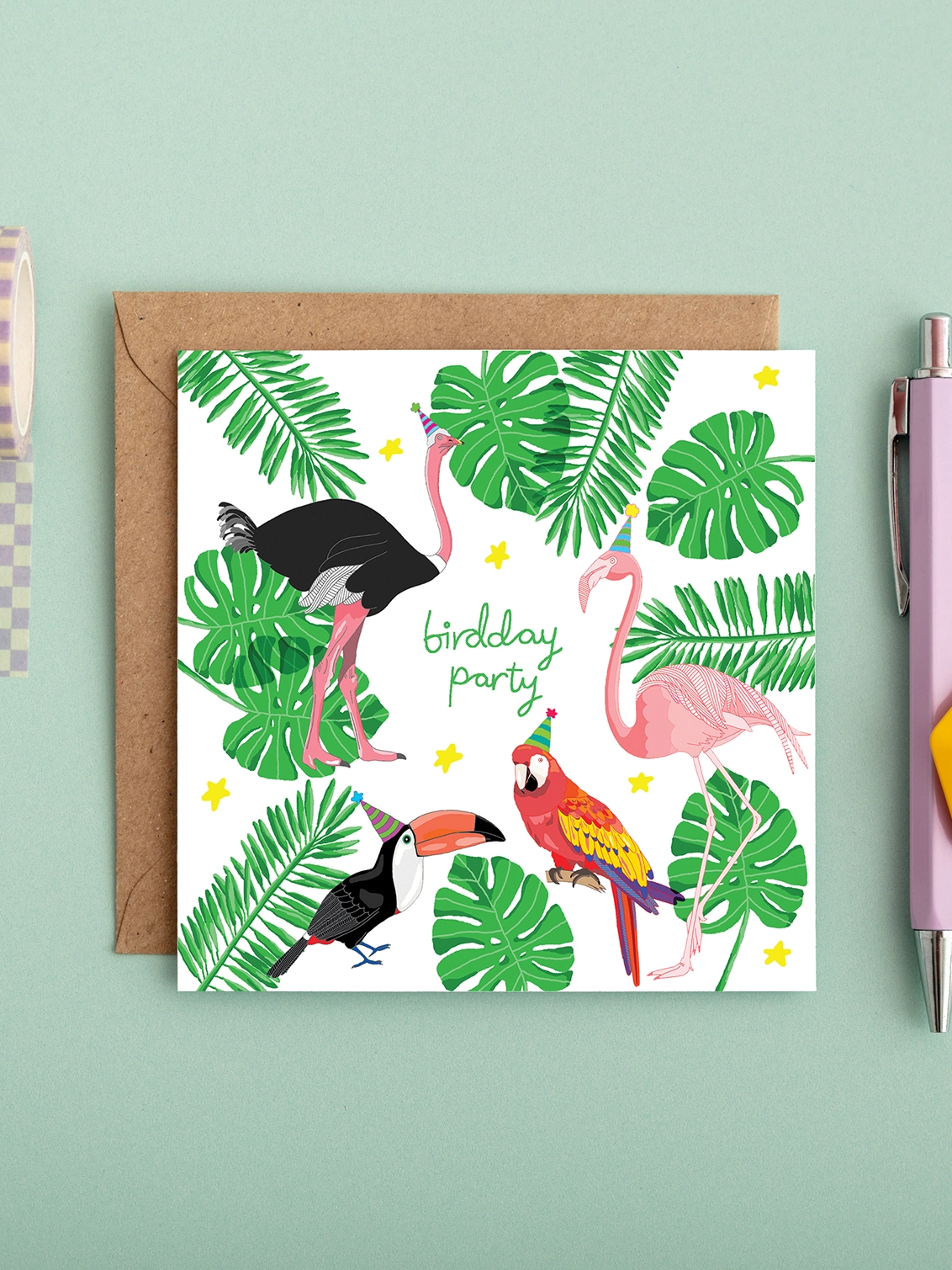Colourful, gender neutral birthday card featuring lots of vibrant tropical birds
