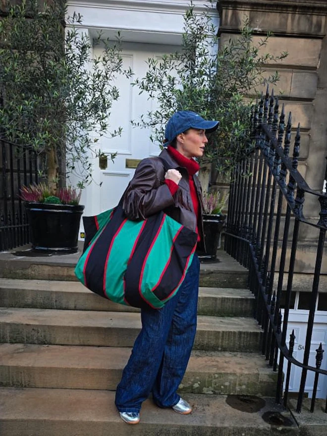 Green And Red Striped Contents Oversized Tote Bag