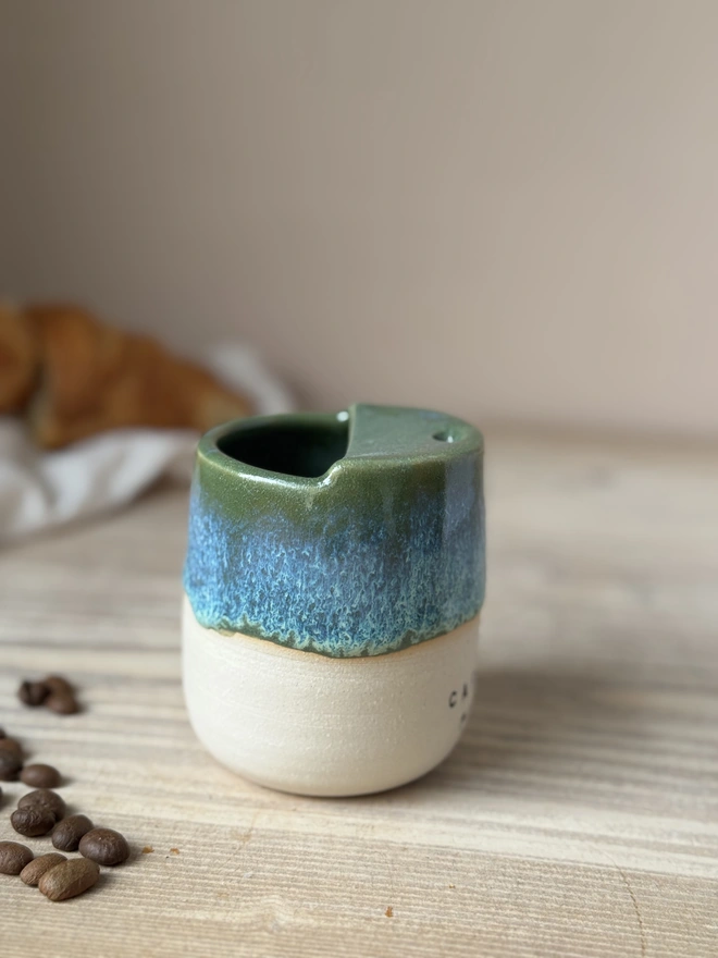 'Caffeine Please' Ceramic Travel Cup Green Granite Glaze