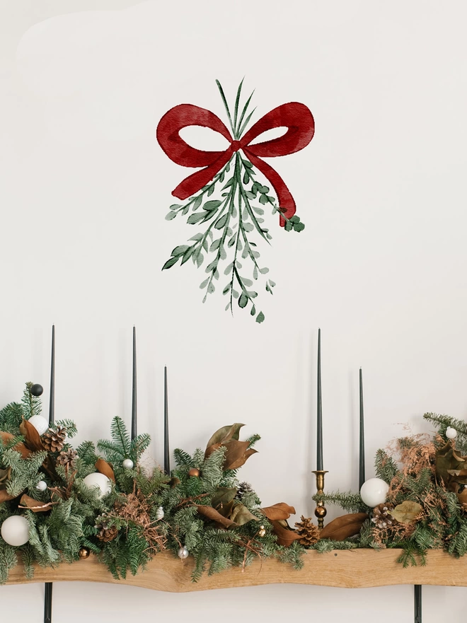 Mistletoe Christmas Wall Sticker Decals and Window Clings on wall above Christmas Candles