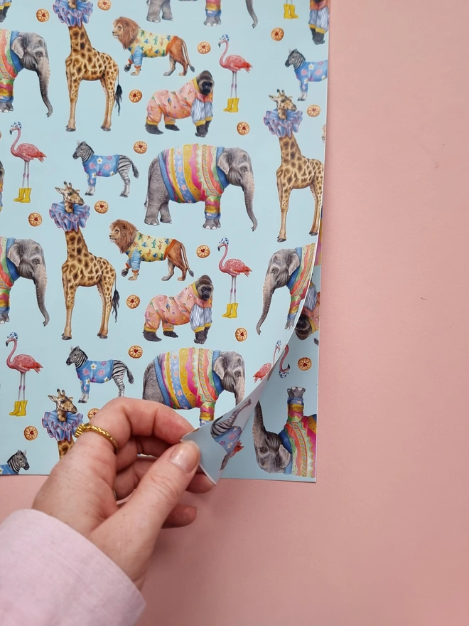 Animals wearing sweaters wrapping paper