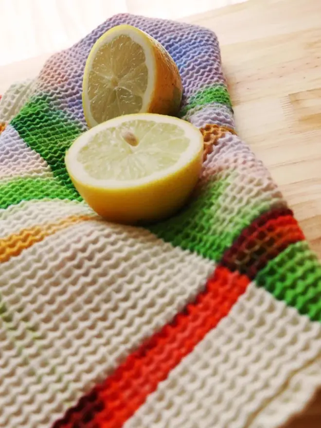 Check Waffle Tea towel with lemons on top. 