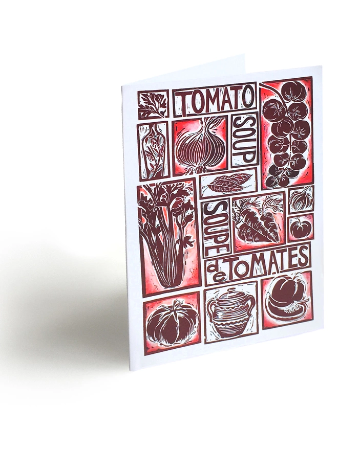 Tomato soup recipe greetings card linocut by Kate Guy