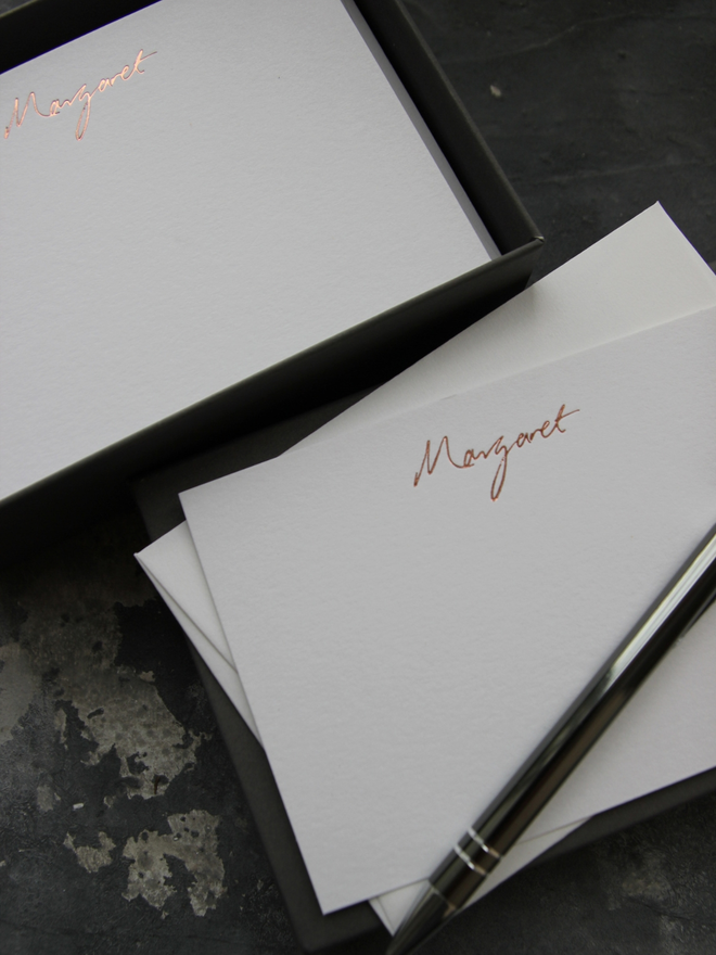 peronalised correspondance notecards hand foiled in rose gold foil