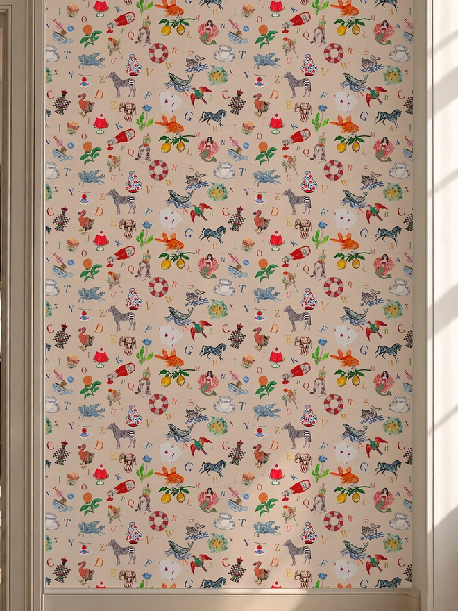vintage alphabet wallpaper on the wall