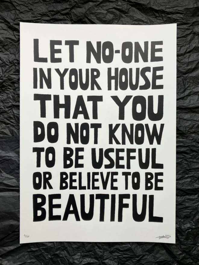 Useful and Beautiful Print. A white print with black text.
