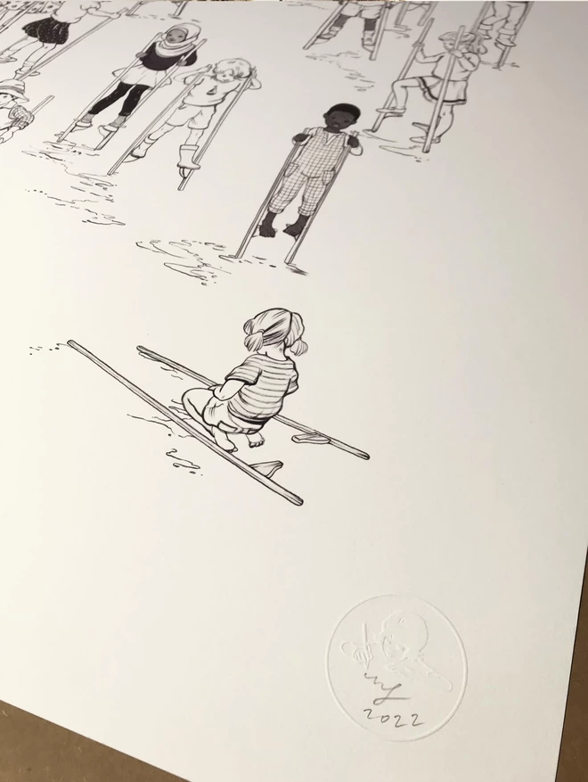 close up of a limited edition fine art print showing a little girl kneeling down with her stilts and an embossed signature 