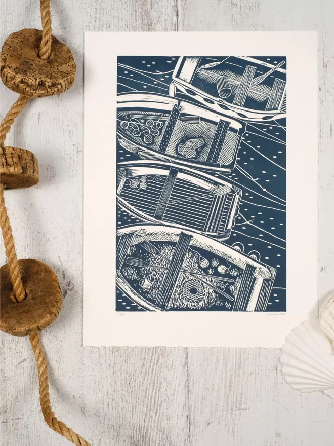 Picture of 4 Rowing Boats with the view from above, taken from an original Lino Print 