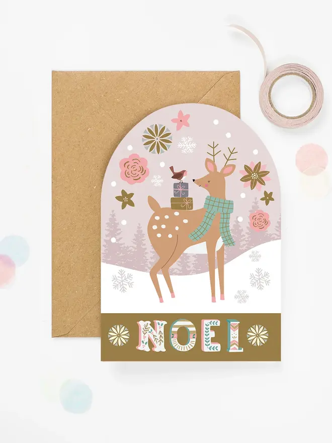 'Noel' Snow Globe Deer Christmas Card