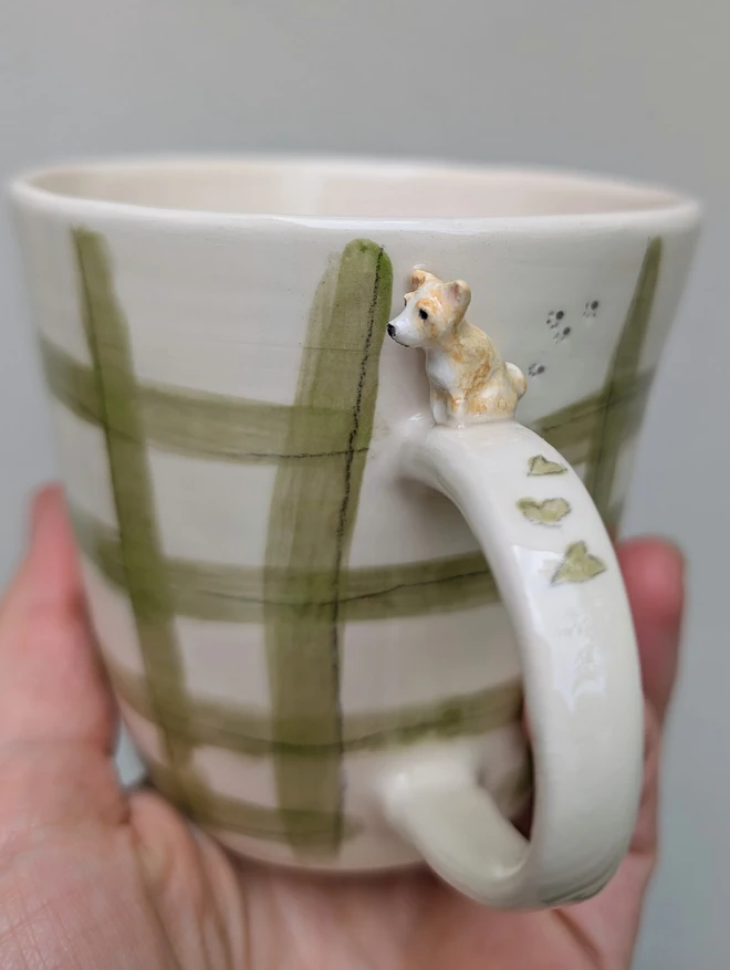 personalised dog cup with tiny chihuahua green check hearts and pawprints on the mug