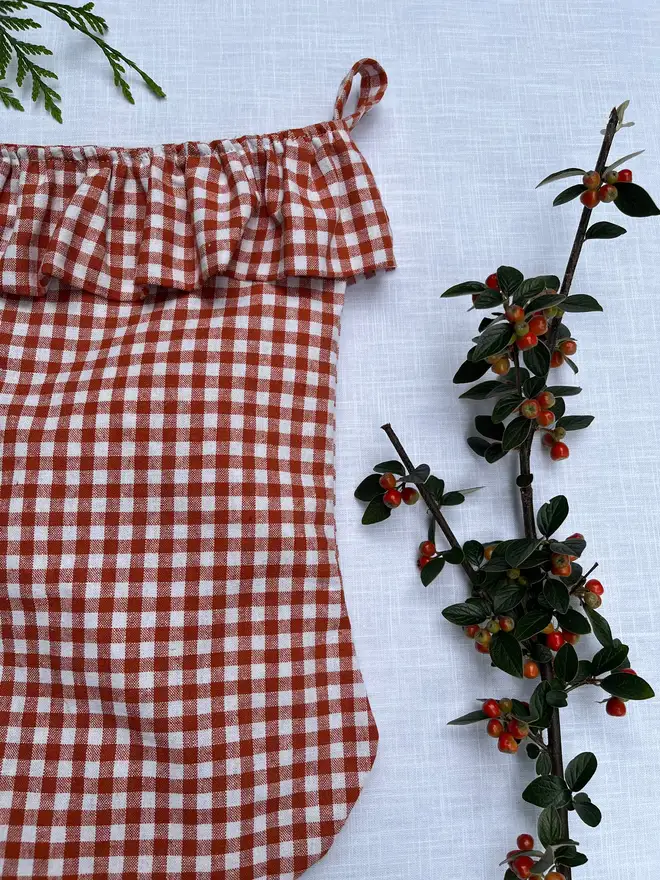 red gingham linen christmas stocking 