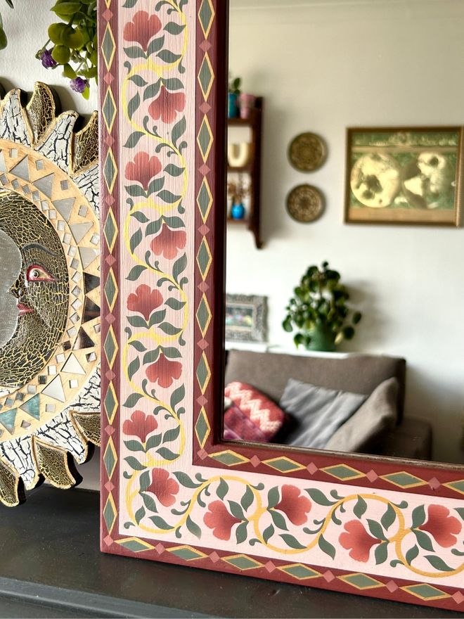 Hand Painted Wooden Mirror With Pink Flowers 