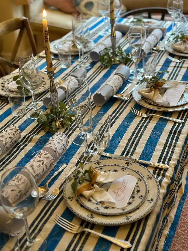Blue Stripe Tablecloth on Large table 
