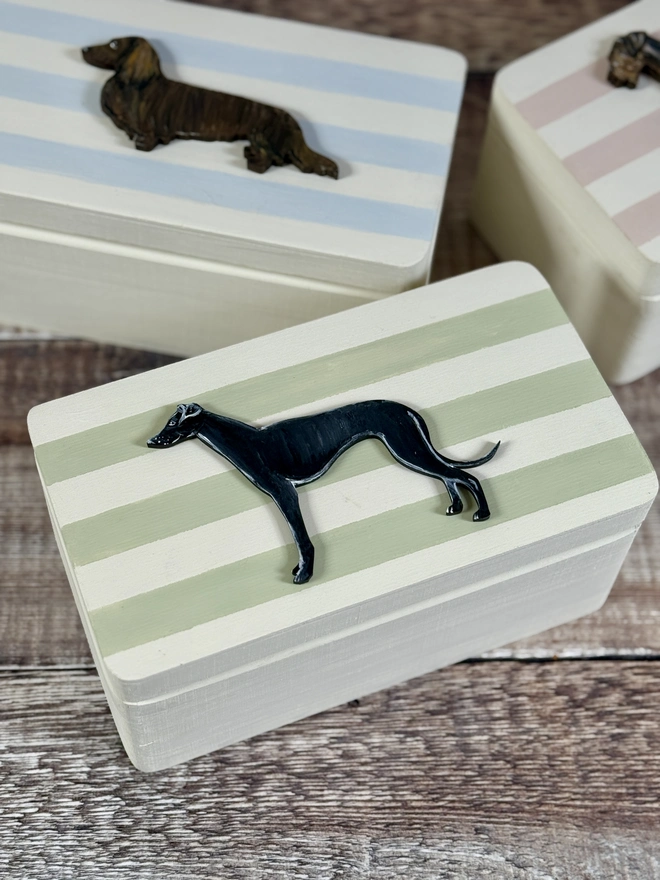 Green and White Striped Dog Keepsake  Box with a hand-painted black greyhound on the lid