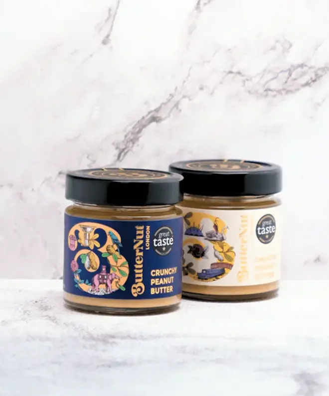 two jars of great taste award winning peanut butter, one smooth and one crunchy