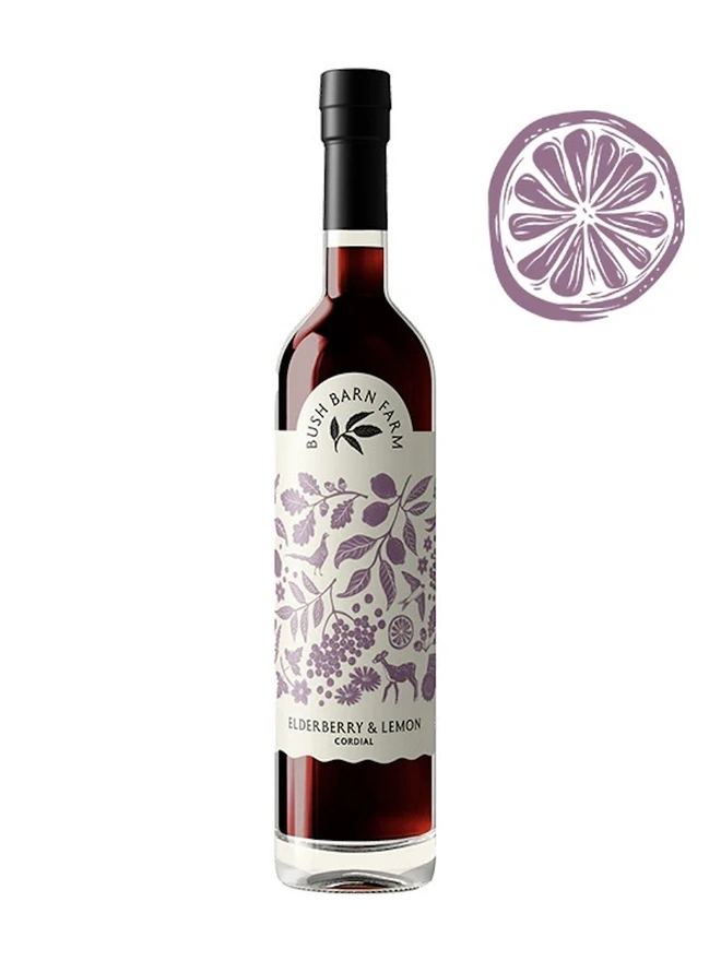 Elderberry & Lemon Cordial (Set Of 1, 2, 3 Or 4), the bottle of cordial on a white surface. 