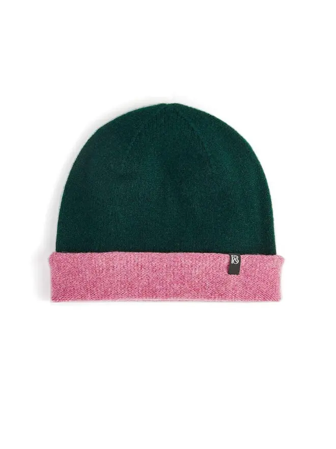 Cut out image of Colour Block Beanie in Forest Green & French Rose