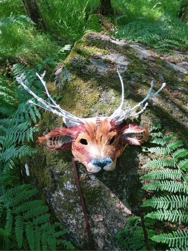 A brown luxury deer party mask laying flat on a moss and fern covered rock