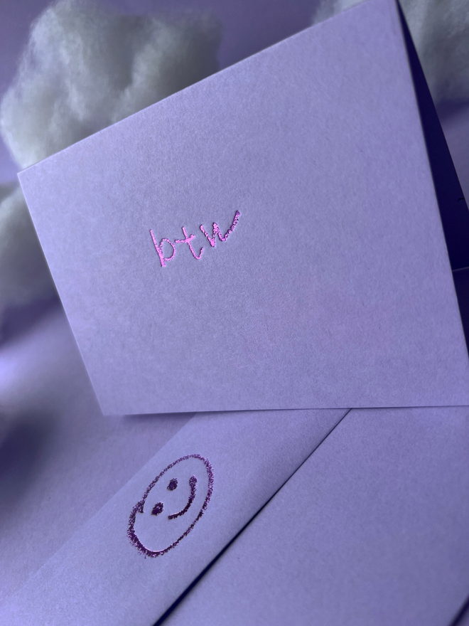 lavender coloured card with btw hand foiled in kids hand writing