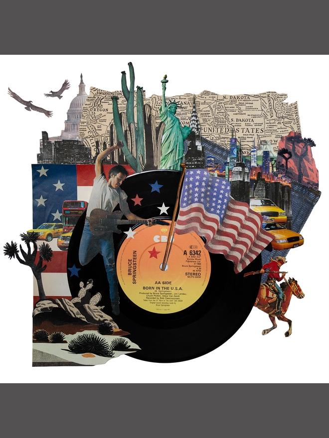 Born in the USA by Bruce Springsteen ‘7” Single’ print of an original collaged artwork.