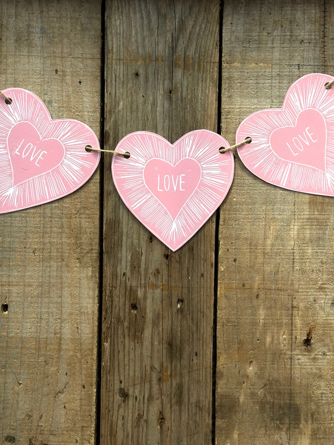 Heart Garland "Love Within" Linocut Hanging Decoration