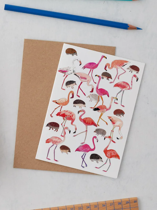 Flamingos and Hedgehogs Greeting Card