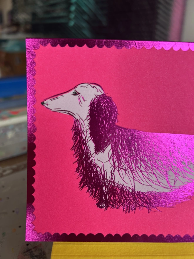 Shiny Pink Camp Sausage Dog card by hannah Carvell