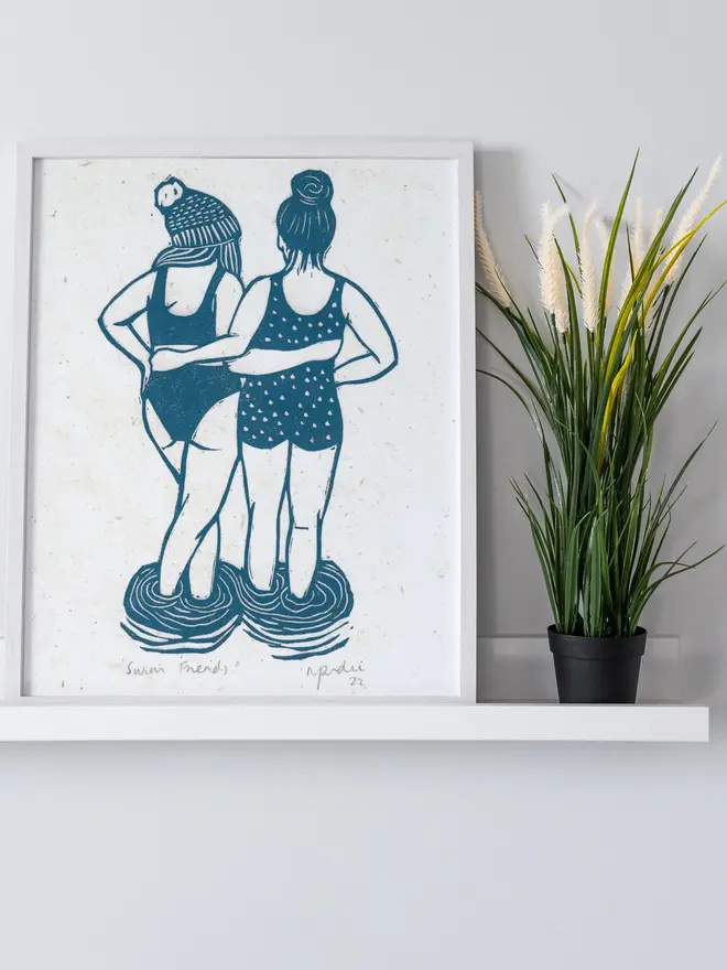 Swim Friends Linocut Print