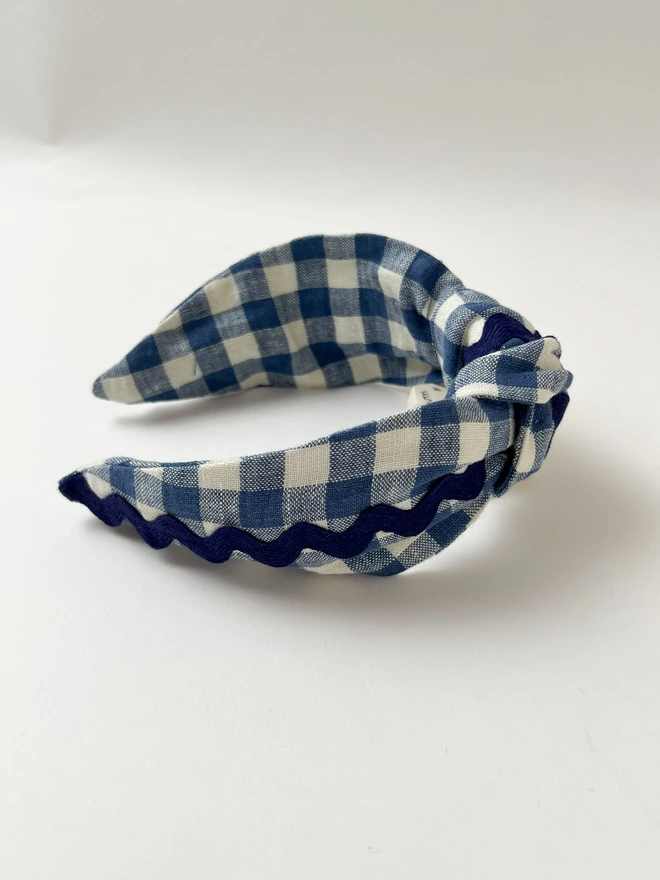 Blue check headband with ric rac detail
