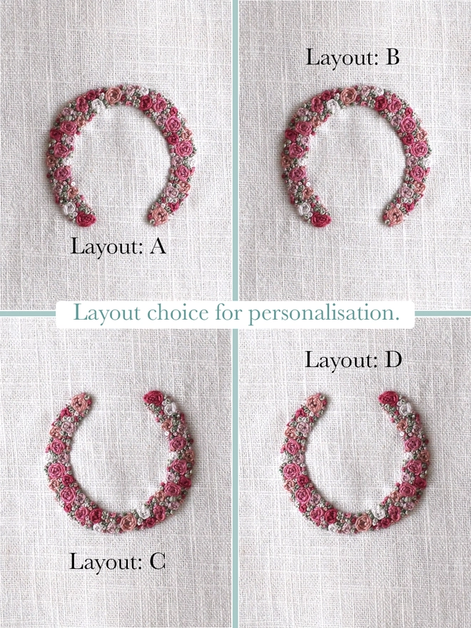 4 Layout combinations for personalisation.  The embroidered Horseshoe examples are shown in the Pink Roses design, with ends pointing upwards, downwards and with text above and below.