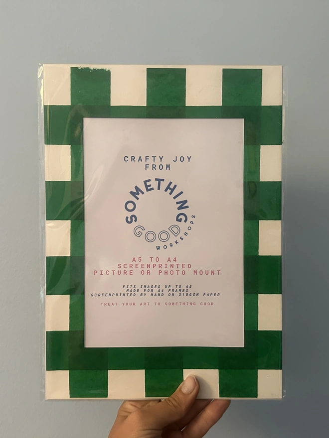 Gingham Screen Printed A5 / A4 Photo Mount. green gingham mount held against grey background.